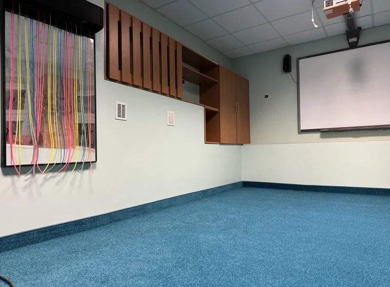 Niebieska wykladzina welurowa w pomieszczeniu terapeutycznym